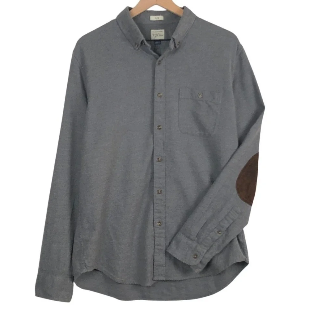 J.CREW Slim Fit Flannel Button Down Elbow Patch Shirt Men's L Grey Brown L/S